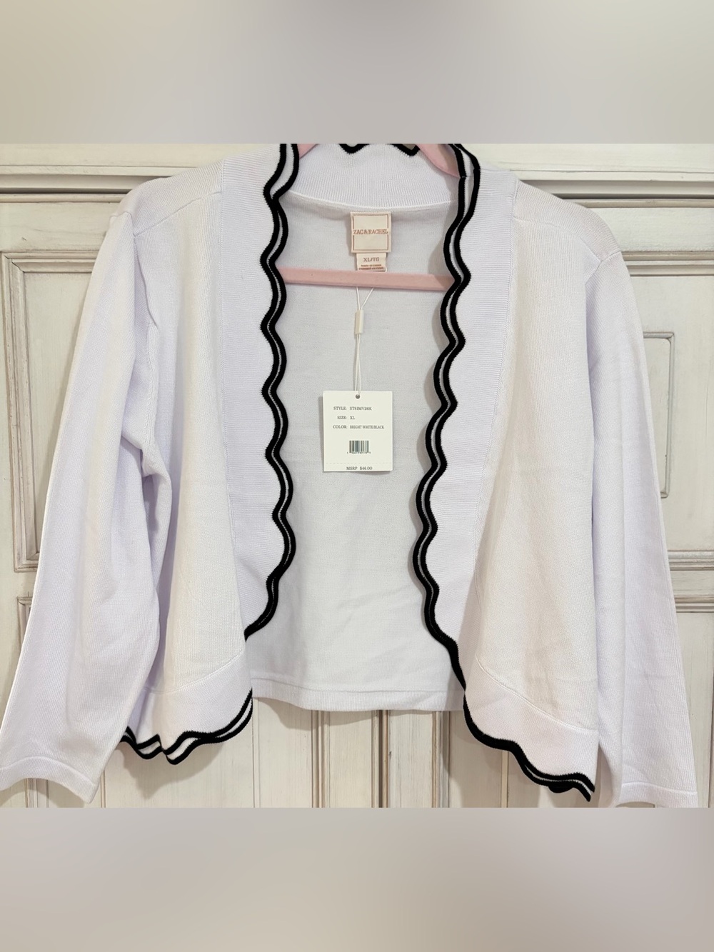 NWT SZ XL Zac & Rachel White Cardigan with Black Scalloped Trim